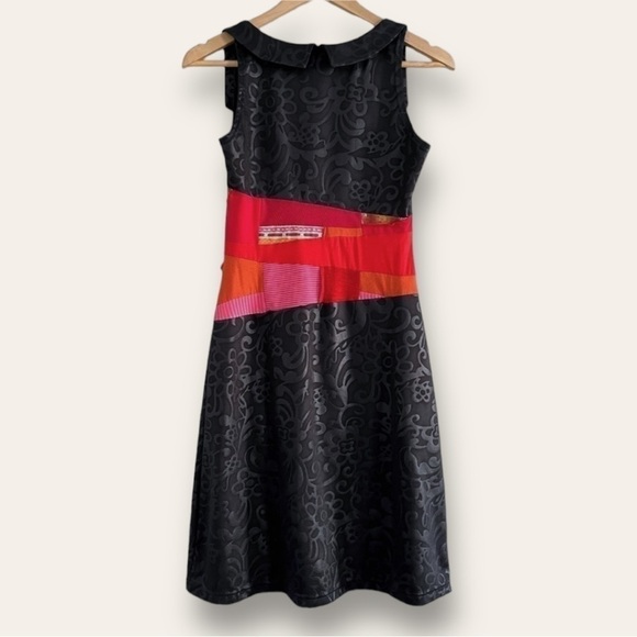 Myco Anna Patchwork Dress Square Neck Fit and Flare Black and Red Made in Canada - Picture 2 of 16